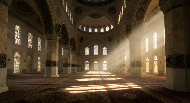 Ethereal sunbeams pierce through the vast, empty interior of a grand mosque, highlighting its intricate architecture and peaceful ambiance. - Powered by Adobe