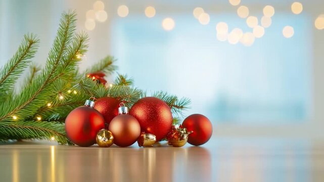 Holiday Ornament Still Life: a festive display of vibrant red and gold ornaments arranged on a wooden surface, complemented by fresh evergreen branches and sparkling string lights.