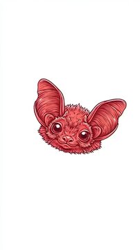Cute Red Bat Head Illustration with Big Ears and Eyes on White Background.