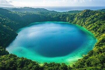 Breathtaking aerial view of a pristine blue and turquoise lake nestled within lush tropical rainforest, extending to the vast ocean.
