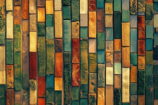 Aerial view of diverse agricultural fields arranged in a vibrant, colorful mosaic of rectangular plots, showcasing various crops and landscape textures.