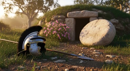 Roman soldier helmet and spear abandoned outside an empty tomb with an open entrance, symbolizing the Resurrection of Christ.
