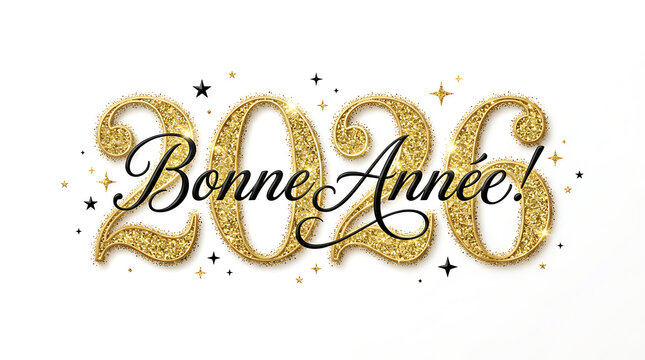 BONNE ANNEE 2026 (HAPPY NEW YEAR 2026 in French) gold glitter and black vector typography banner with stars