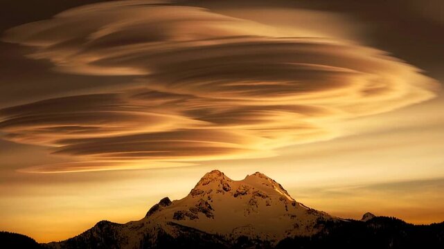 Stacked lenticular clouds hover over mountain peak at dawn, backlit by rising sun, atmospheric wind patterns visible, mysterious UFO-like formation.