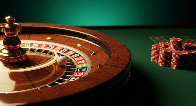 A close-up view of a roulette wheel with a gold spinner and red and black numbered slots. Nearby, there are stacks of red casino chips on a green table.