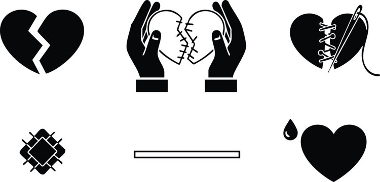 Broken heart repair icons set with bandage and stitching elements
