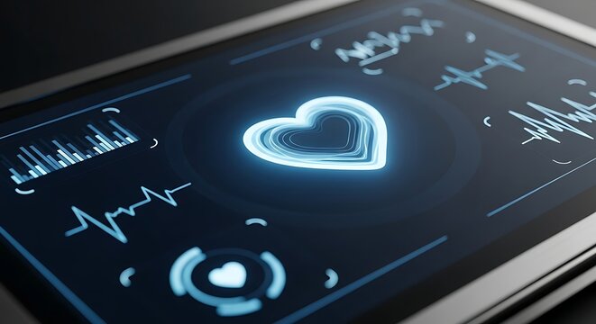 Close up of a screen displaying a heart shape and various medical graphs in a dark setting - Powered by Adobe