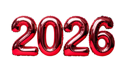 inflated reflective glassy red color inscription 2026 isolated on transparent background, png