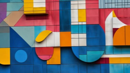 High quality 4k abstract colorful geometric mosaic wall with building blocks showcasing shapes such as squarestrianglesand circles - Powered by Adobe