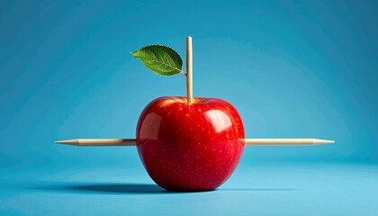 “Shiny red apple with wooden stick inserted vertically into top on blue background and surface”