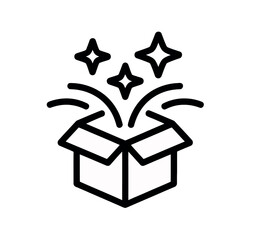 An opened box releasing stars and sparkles, symbolizing surprise, magic, or a gift being revealed.