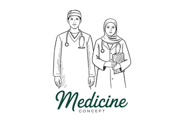 A male and female medical professional wearing scrubs and stethoscopes stand together in a sketch.