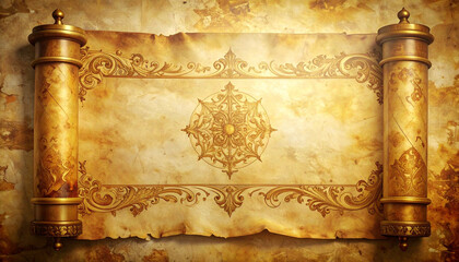Old Parchment Scroll Background with Elaborate Gold Script