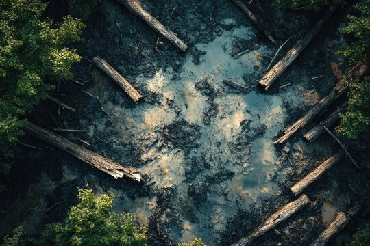An aerial perspective reveals a muddy, waterlogged clearing littered with fallen logs, surrounded by lush green forest, highlighting nature's raw transition.