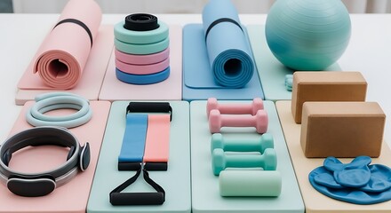 Assortment of pastel colored workout equipment displayed neatly on a white surface in a studio setting