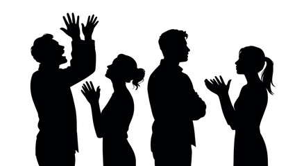 Silhouettes of four people gesturing in dramatic poses against a white background, representing strong emotions and communication.
