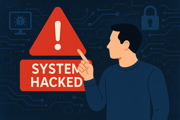 Cybersecurity alert system hacked warning with security breach symbol showing online threat risk of data loss fraud and digital crime