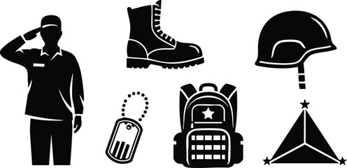 Military soldier silhouette with helmet boots dog tag backpack and tent vector illustration