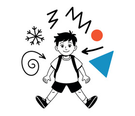 A young boy with a backpack is surrounded by abstract shapes and symbols, representing thoughts and feelings.