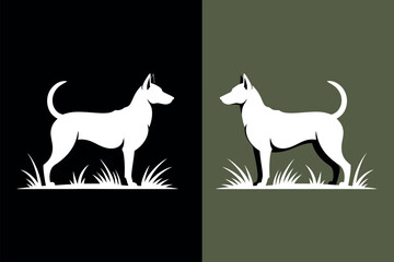 Two white dog silhouettes stand on grass against black and muted green backgrounds.