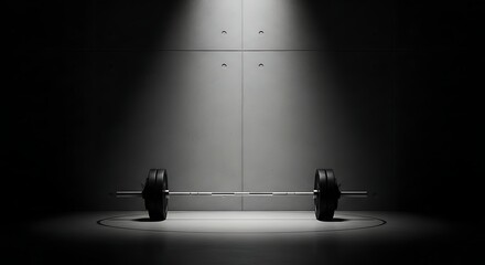 A barbell with weights in a dimly lit room with a spotlight on the weightlifting equipment