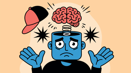 A cartoon character with an open head displaying a brain and a bottle cap, wearing a distressed expression with hands raised in confusion.