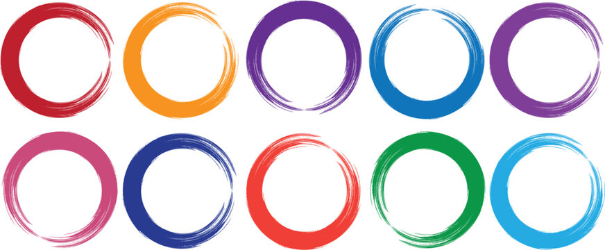 Colorful brush stroke oval frames vibrant hand drawn circle elements on white