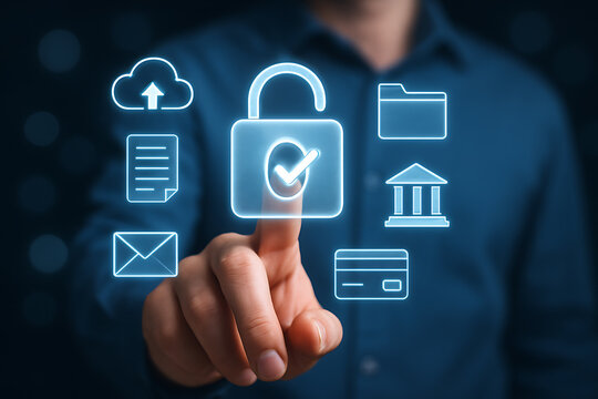 Cybersecurity data protection concept with holographic lock icons protecting cloud storage payment banking and digital access