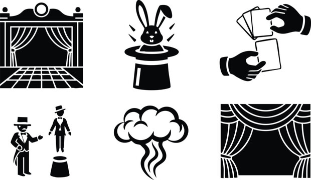Theater stage magician tricks and performance icons vector illustration