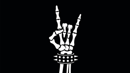 A skeleton hand wearing a spiked bracelet makes the rock and roll hand gesture against a black background.