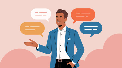 A man in a blue suit speaks with speech bubbles appearing around him, representing communication and ideas.