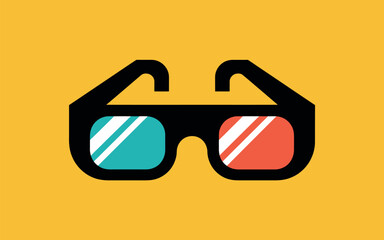 A pair of 3D glasses with red and cyan lenses rests on a bright yellow background.