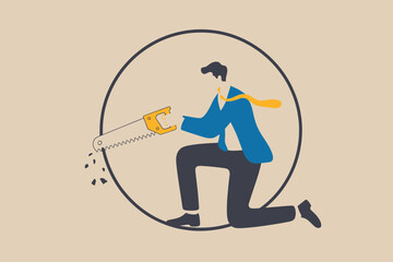 A businessman is sawing off the branch he is sitting on, symbolizing self-destruction or a bad decision.