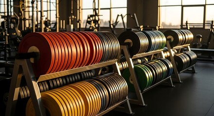 Racks of colorful weight plates in a gym setting with natural light coming through the windows inside