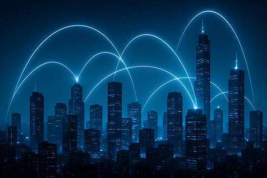 Futuristic smart city skyline at night with glowing connected arcs symbolizing wireless communication global technology and network