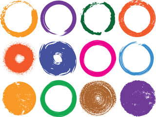 Collection of colorful grunge circle elements on white background for design projects