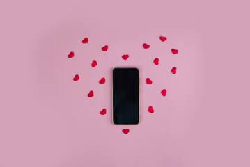 valentine themed flatlay with love elements, creative arrangement of hearts and mobile for romance content