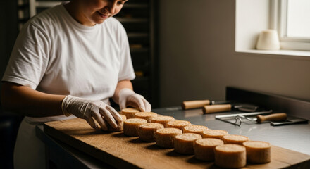 A young Asian woman with dark hair prepares pastries in a bakery. She wears gloves and focuses on arranging round cakes on a wooden table.