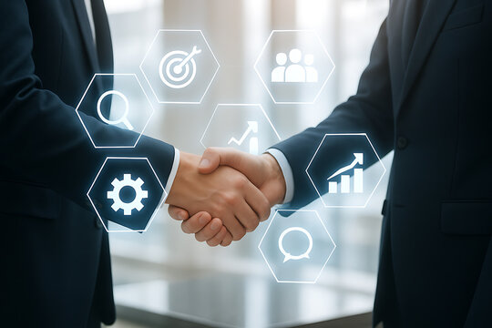 Professional collaboration handshake highlighted with virtual technology interface showing success progress and global business