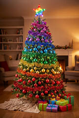 A Christmas tree is spectacularly decorated with horizontal bands of colorful tinsel and ornaments in rainbow order, topped with a glowing rainbow star, and surrounded by matching gifts.