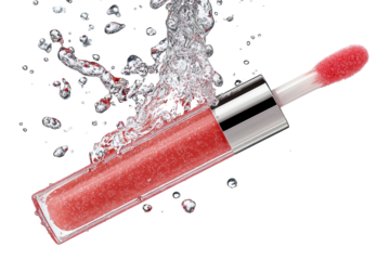 Isolated tube of pink lip gloss with a golden cap and applicator on a transparent background for stock content