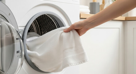 A hand pulls a white towel from a modern washing machine. The machine is front-loading and located in a bright, clean laundry room.