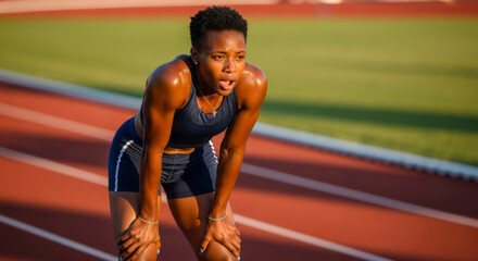 A young African woman in athletic gear rests on a running track. She appears exhausted after a sprint, with sweat glistening on her skin.
