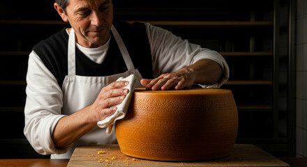 A middle-aged Caucasian man with dark hair polishes a large wheel of cheese in a rustic kitchen. The scene emphasizes artisanal cheese-making techniques.