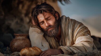 Elijah resting beneath the desert broom tree with an angel beside him in soft divine light.