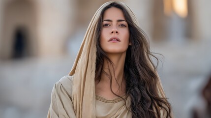 Esther standing alone in the palace courtyard at dawn with silk veil and early sunlight on her robes.