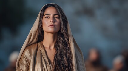 Esther standing alone in the palace courtyard at dawn with silk veil and early sunlight on her robes.