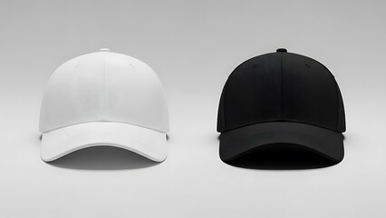 Fototapeta premium Plain white and black baseball caps, ready for custom design.