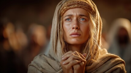Hannah kneeling at the temple altar in prayer with torchlight and curling incense smoke.