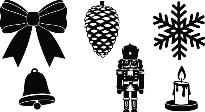 Christmas holiday icons set with bow pinecone snowflake bell nutcracker and candle
